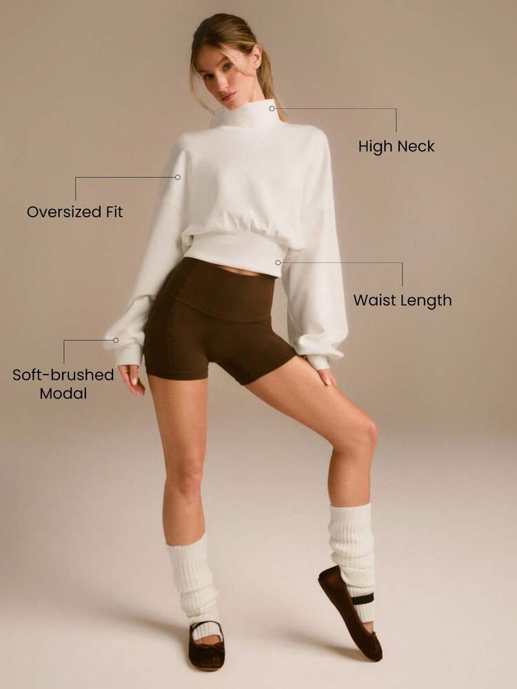 Modal Soft Warm Curved Bubble Hem Waist Length Oversized Ribbed Cuffs High Neck Pullover Sweatshirt Daily