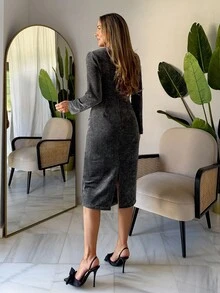 Livesso Women's Round Neck Cinched Waist Pleated Long Sleeve Midi Dress