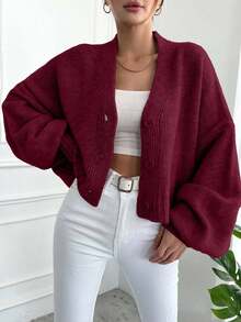 EURMUSE Áo khoác cardigan dáng rộng, đơn giản, có nút, dáng rộng, thường ngày cho nữ, mùa thu - Màu Đỏ Sâu - Xem 5