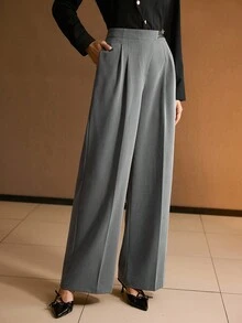 MOTF PREMIUM 女士秋季修身阔腿西装裤斜翻领休闲西装裤 - 灰色 - 查看 4
