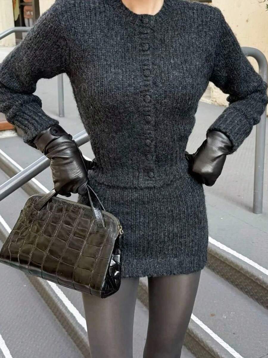 Siren Gaze 女士灰色针织通勤套装，秋冬新品 - 深灰色 - 查看 1