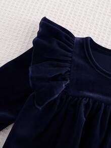 Cozy Pixies 女婴纯色针织柔软圆领荷叶边下摆束腰长袖连衣裙 - 藏蓝色 - 查看 5