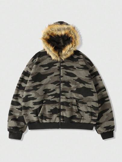 Street Life Sudadera con capucha holgada de camuflaje con cuello esponjoso, estilo callejero retro, para otoño e invierno