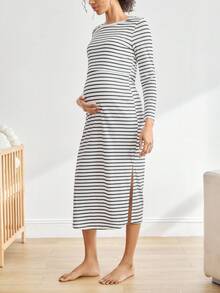 Camisón de maternidad de rayas, de cuello redondo, de manga larga, versátil con abertura, otoño - Rosa vieja - Ver 4