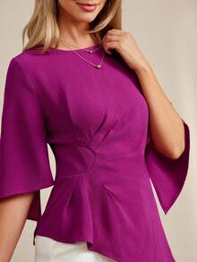 Amorya Women's Solid Color Elegant Vacation Pleated Blouse Purple Blouse Women