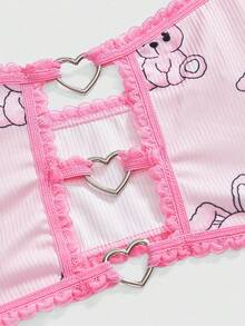 ROMWE Kawaii Cute Solid Heart Metallic Pink Rabbit Full Print Wireless Bra Set For Women - Pink - View 3