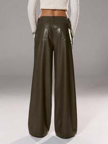 SHEIN Unity Casual Solid Color PU Straight Pocket Zipper Long Pants, Suitable For Daily Wear - Brown - View 2
