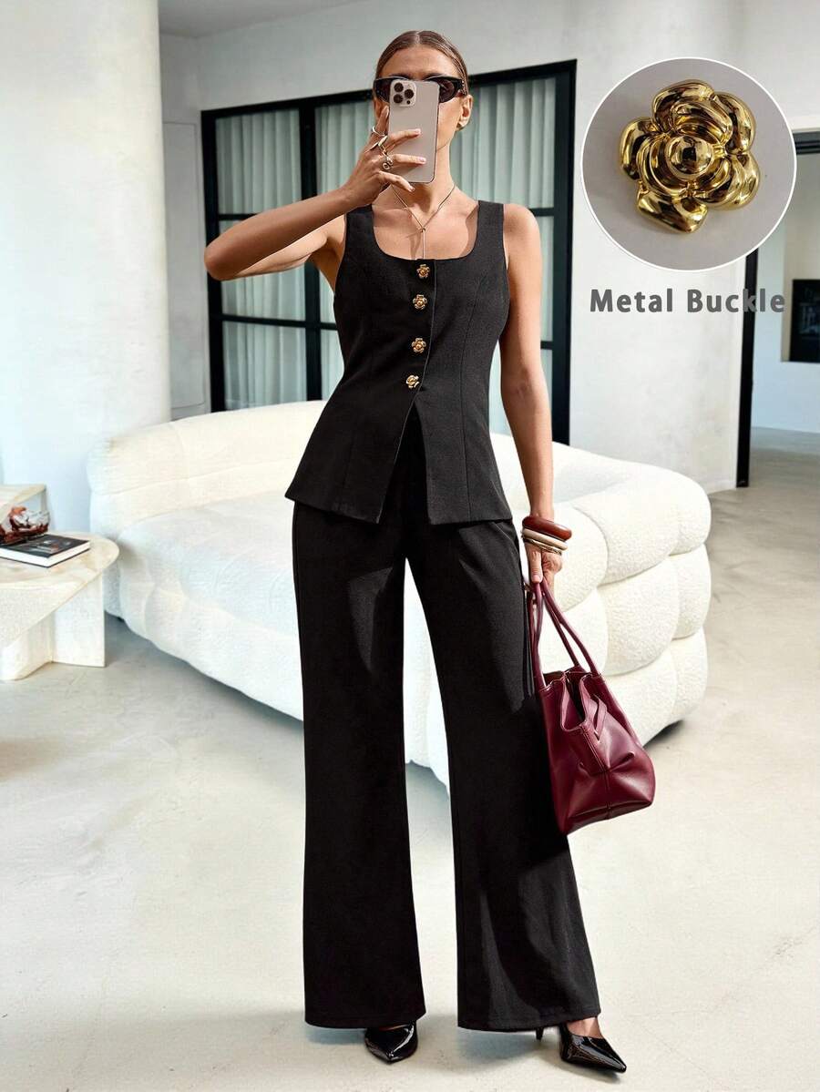 Lavishia Women's Elegant Summer Black And Gold Button Up Vest & Pants 2 Pieces Set,Business Casual Office Outfits,Professional Work Clothes,Elegant Wear - Black - View 1