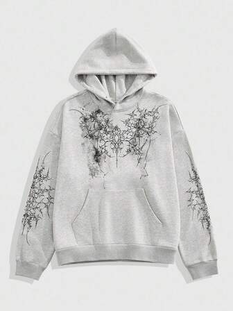 Goth Felpa con cappuccio casual oversize con spalle a caduta, felpa con grafica di Ognissanti color grigio melange, autunnale