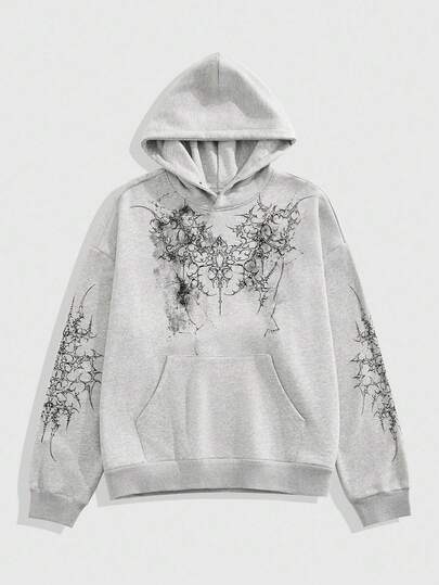 Goth Men's Loose Fit Drop Shoulder Casual Hoodie, Heather Gray Halloween Graphic Hoodie, Fall