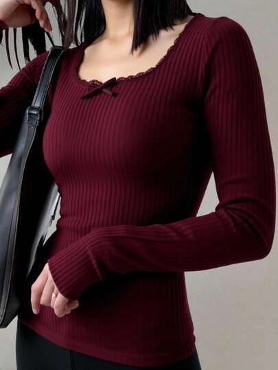 Teen Girls' All-Match Casual Versatile Solid White Knit Round Neck Loose Long Sleeve Lace Bow T-Shirt Top, Back-To-School Outfit, Cute Fall Winter Teen Girls Tops Tight Fitted Tops Long Sleeve Tops Tight Tops Tops For Women