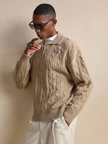 AKNOTIC Business Casual Suéter casual de diseño con cremallera y patrón de cable, para otoño/invierno, Navidad - Marrón Mocha - Ver 6