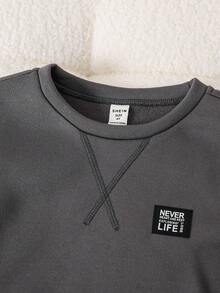 SHEIN 2pcs Kids Boys Casual Collegiate Comfortable Knit Sleeve Patchwork Crew Neck Sweatshirt And Pants Set, Suitable For Commuting, School, Daily Casual, Collegiate, Suitable For Birthday Party, Evening Party, Wedding, Baptism, School Opening Ceremony, Daily Wear, Travel, Sports, Autumn/Winter, Fleece, Thickened Fall