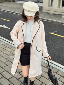 SHEIN Streecool Teen Girls Woolen Windbreaker Jacket, Double-Breasted Contrast Trim Design, Long Suit Jacket, Suitable For Casual, Commute, Holiday In Autumn/Winter Fall