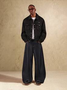 SUMWON 金属纽扣绒面卡车司机夹克经典领口外套四口袋设计优质冬秋季休闲街头服饰 - 黑色 - 查看 5