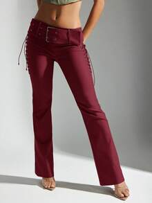 Denimoi 系带修身喇叭裤侧系带中腰裤 - 酒紅色 - 查看 4