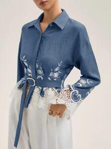 Aveloria Rosie Elegant British Style Waist Cinched Women's Shirt, Hollow Embroidered Hem, Long Sleeve Blouse For Commuting - Blue - View 1