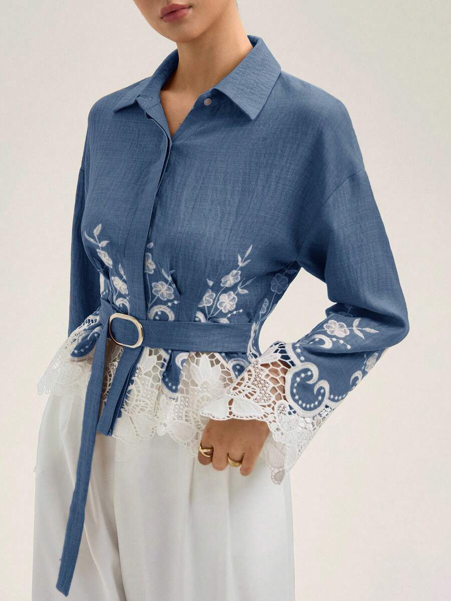 Aveloria Rosie Elegant British Style Waist Cinched Women's Shirt, Hollow Embroidered Hem, Long Sleeve Blouse For Commuting - Blue - View 1