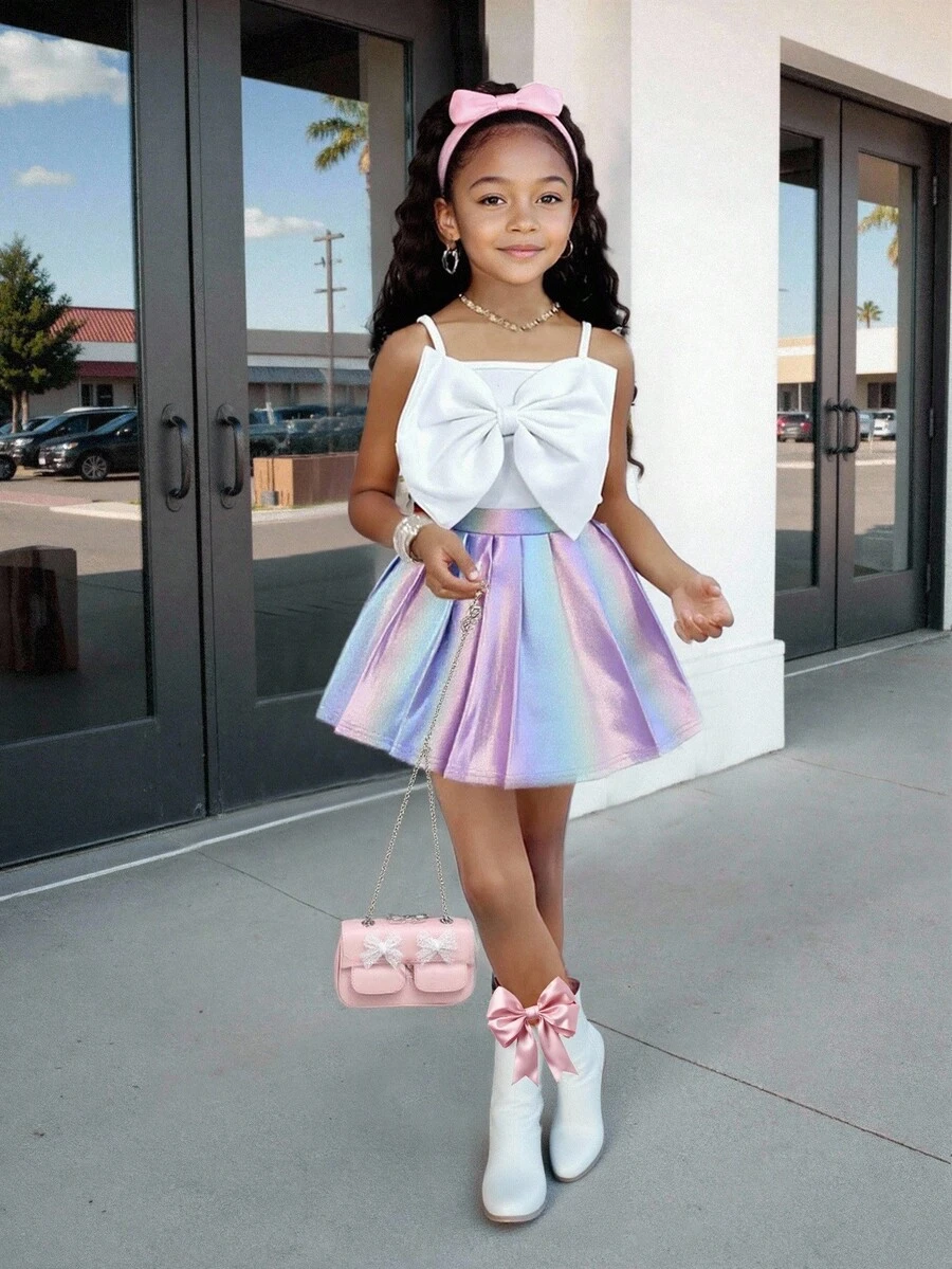 Girls Casual Chic Elegant Versatile Pleated Metallic Graphic Mini Skirt, Suitable For Spring, Summer, Autumn, Winter, Parties, School, Vacation - Silver - View 1