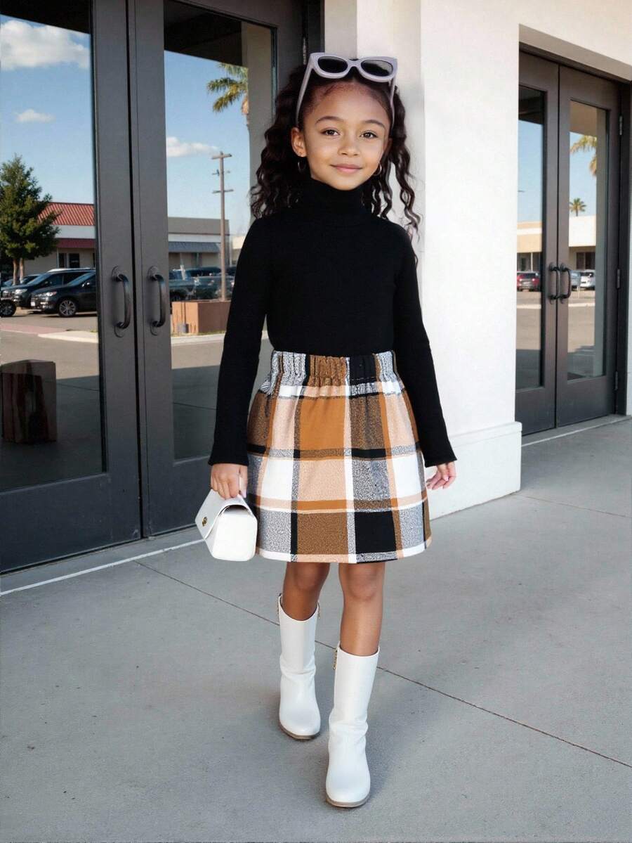 Tween Girl High Neck Tee & Plaid Skirt Without Bag - Multicolor - View 1