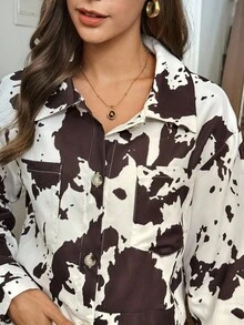SHEIN LUNE Conjunto de 2 piezas para mujer de otoño/invierno: Chaqueta corta con estampado de textura de leche + Pantalones de pierna ancha de cintura alta - Multicolor - Ver 6