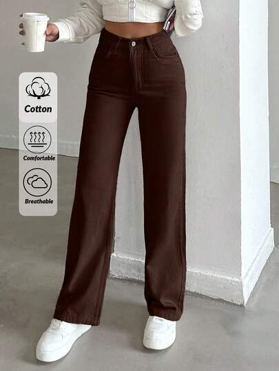 EURMUSE 100%Cotton HIGH RISE BEIGE WIDE LEG PETITE SIZE JEAN