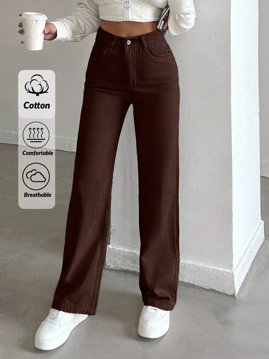 EURMUSE 100%Cotton HIGH RISE BEIGE WIDE LEG PETITE SIZE JEAN - Brown - View 1