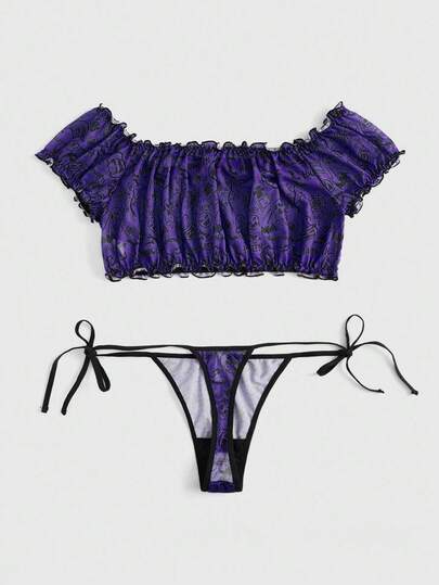 Goth Gothic Dark Halloween Mesh Bat & Ghost Print Off Shoulder Lace-Up Crotchless Lingerie Set