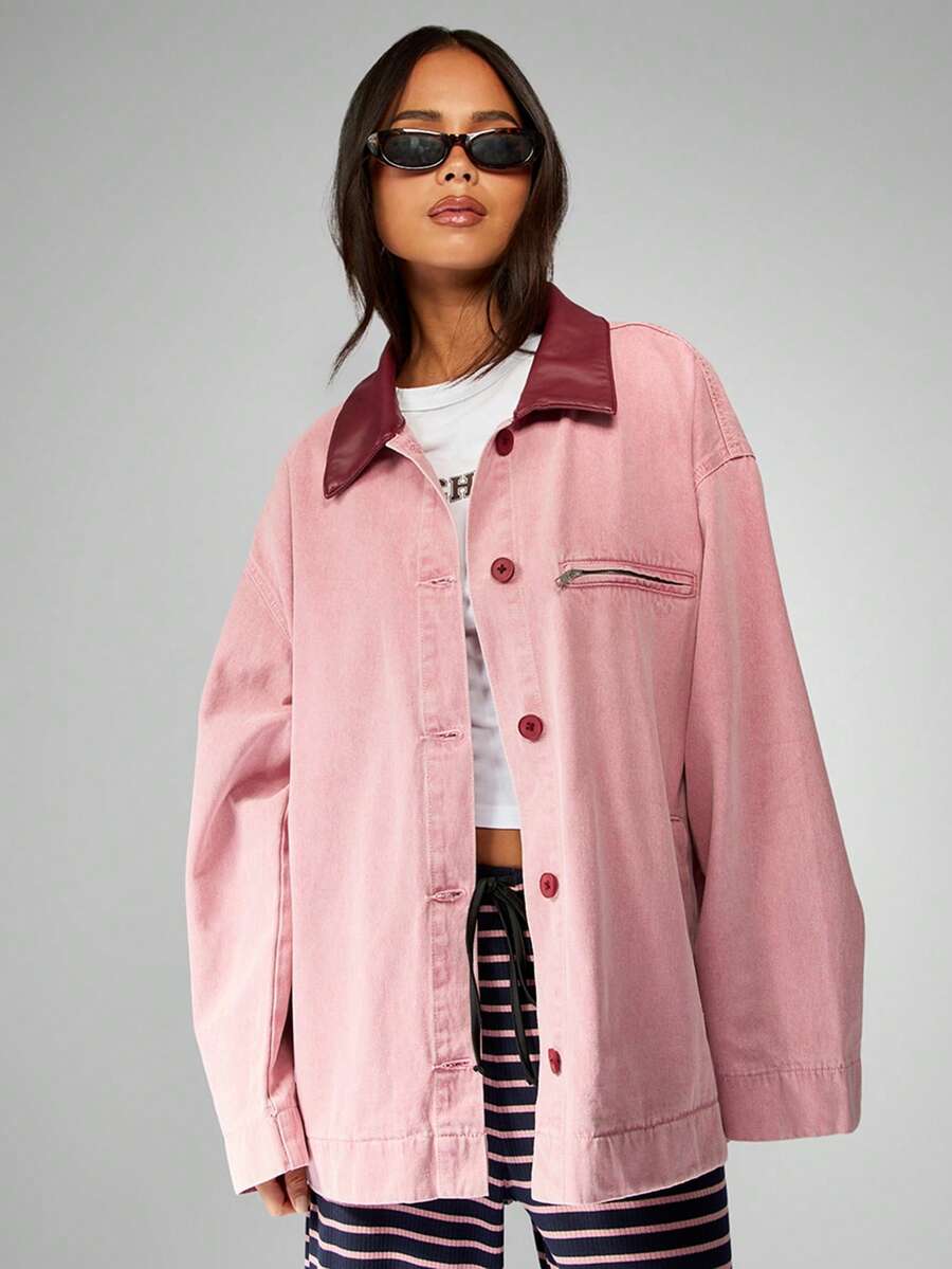 MISSGUIDED Oversized Barn Jacket Retro Style Denim Jacket Button Front Cotton Canvas Workwear Fall Winter Outerwear With Burgundy Leather Collar - Multicolor - View 1