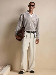 AKNOTIC Loose Fit Men's Contrast Color Drop Shoulder Long Sleeve Casual Polo Shirt, For Fall