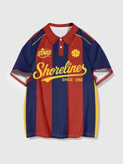 Prep Men's Letter Striped Short Sleeve Casual Commuter Polo Shirt