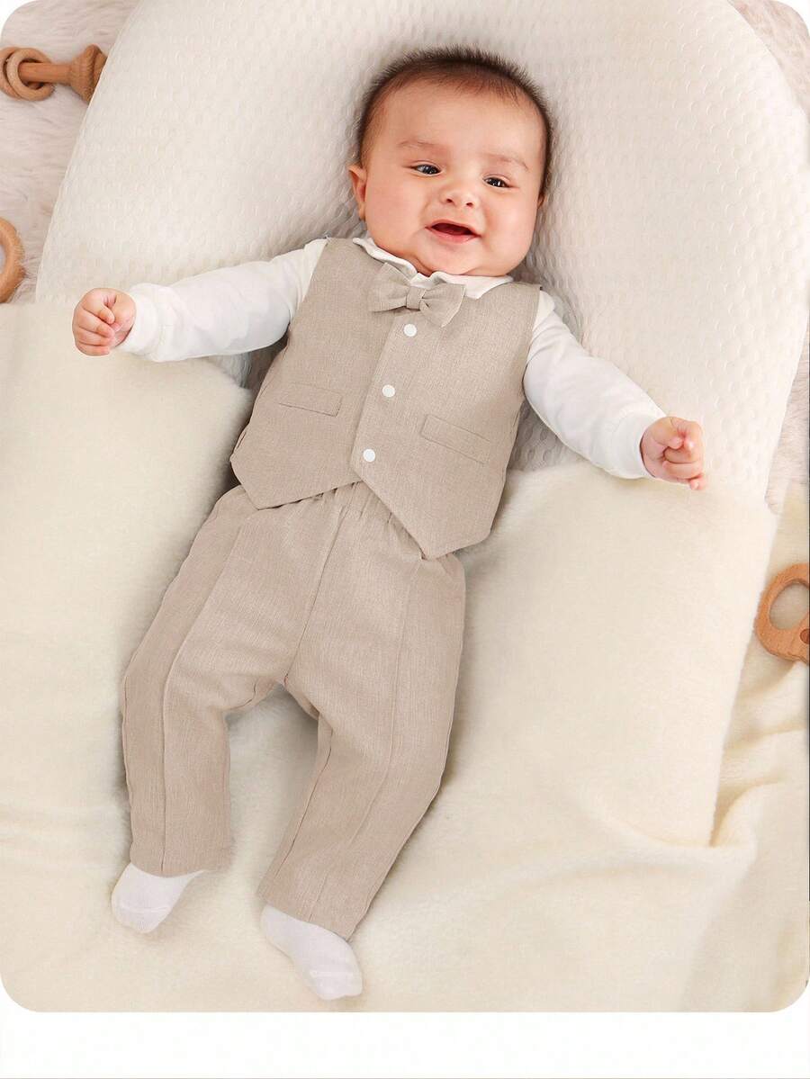SHEIN Newborn Baby Boy's Bowtie Bodysuit, Vest And Pants Set, 3pcs, Thin Fabric