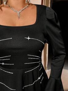 Cravure Plus Size Women's Rhinestone Embellished Flare Sleeve Dress, French Elegant Party & Everyday Wear - Black - View 8