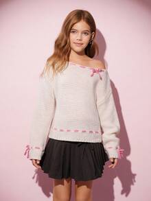 SHEIN Fall Winter Vintage Tween Girls Sweaters - White - View 6