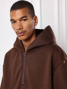 SUMWON 重磅羊毛宽松半拉链连帽衫和运动裤套装冬季休闲街头服饰现代简约休闲舒适两件套服装 - 咖啡棕 - 查看 5