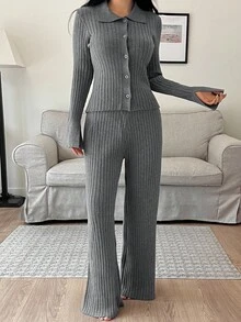 DAZY Women's Minimalist Ribbed Knit Loungewear Set, Autumn/Winter, Fall Clothes Pajama, Cozy Outfit - Grey - View 6