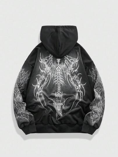 Goth Men's Fashion Contrast Color Dark Graphic Print Zip Up Hooded Sweatshirt Halloween, Fall
