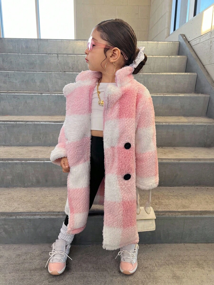 SHEIN Young Girl's Fashionable Plaid Street Style Jacket, Autumn/Winter Fall - Pink - View 1