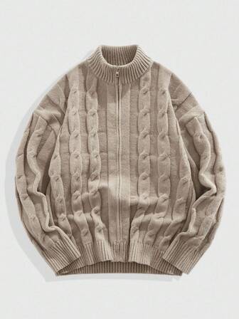 Street Life Men's Solid Color Stand Collar Zip-Up Casual Long Sleeve Cable Knit Cardigan Sweater, Fall/Winter