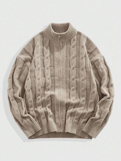 Street Life Men's Solid Color Stand Collar Zip-Up Casual Long Sleeve Cable Knit Cardigan Sweater, Fall/Winter