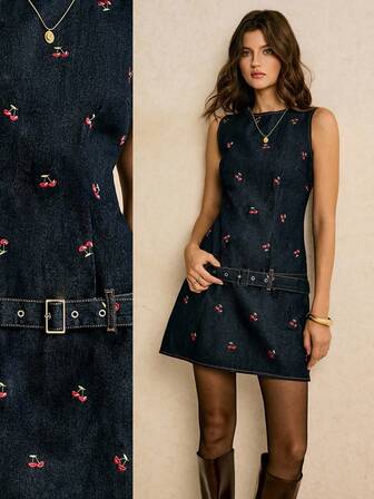 Poéselle Damklänning i denim, ärmlös, åtsittande kort klänning, miniklänning, Yintao-klänning med broderat mönster, höstklänning, vinterklänning, moderiktig gatuklänning, dejtkläder, fest, musikfestival, år 2000, elegant fest, julfest