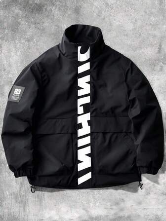 Manfinity Sporsity Veste décontractée polyvalente pour hommes, col montant, grand imprimé graphique, style jeune couple, grandes poches, veste d'automne/hiver