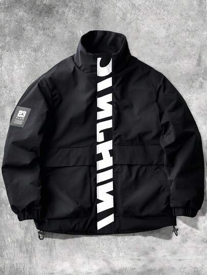 Manfinity Sporsity Men's Casual Versatile Sporty Stand Collar Jacket, Large Graphic Print, Young Couple Style, Large Pockets, Autumn/Winter Jacket Zipup Jacket Windbreaker Jacket Streetwear Jacket Techwear Jacket