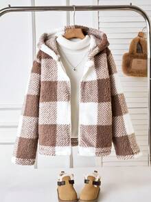 Sparklyn Girls' Fuzzy Plaid Symmetrical Pattern Hooded Casual Versatile Jacket, Suitable For Daily Wear Fall Winter - Multicolor - View 6