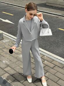 2 件套纽扣领短夹克和直筒连体裤套装 - 灰色 - 查看 5