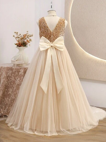 Glamorique Kids Vestido color champán para niños, vestido dorado con temática navideña, ropa de fiesta de alta gama para niños, vestido largo con grandes lazos y lentejuelas