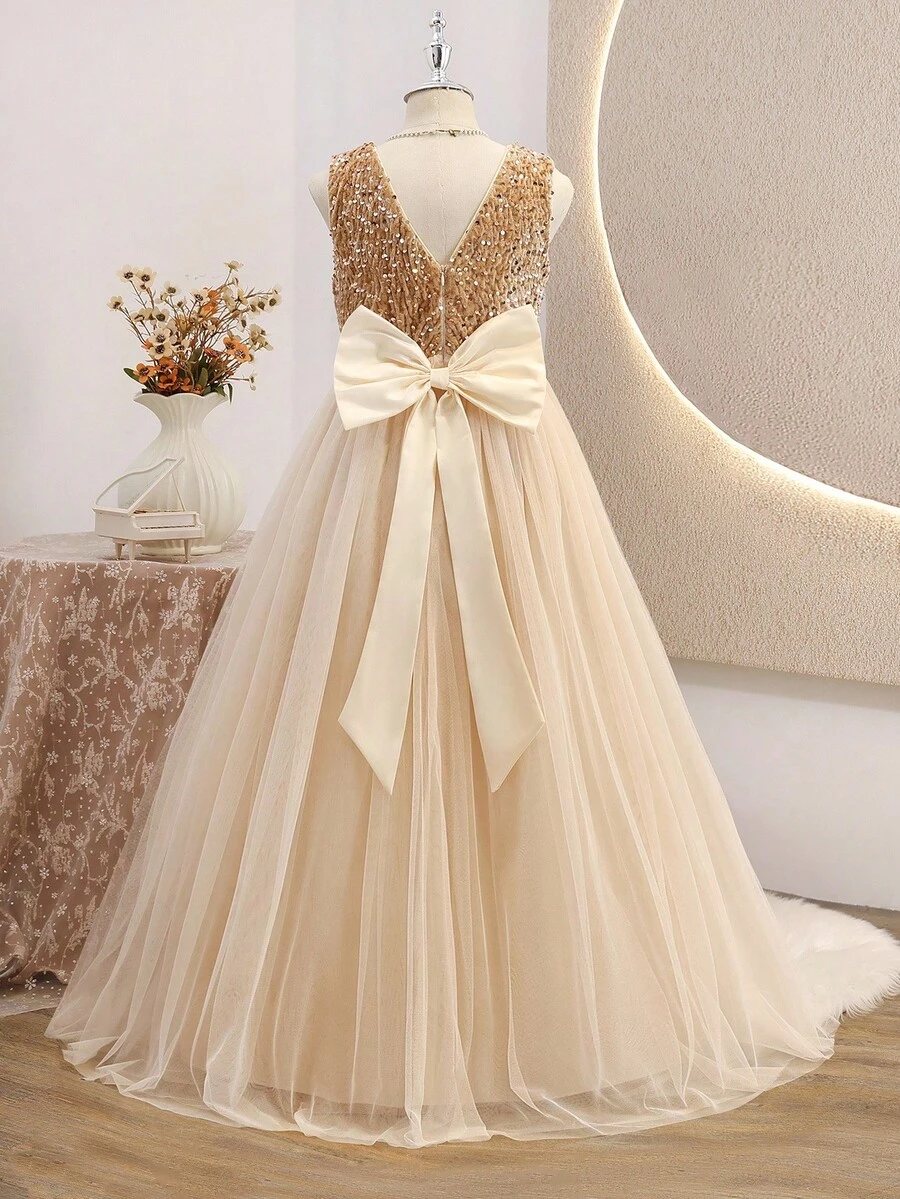 Glamorique Kids 香槟色儿童连衣裙，圣诞主题金色连衣裙，高端儿童派对服装，长款带大蝴蝶结和亮片的公主圣诞派对礼服，适合度假、秋冬季舞会穿着 - 香檳色 - 查看 1