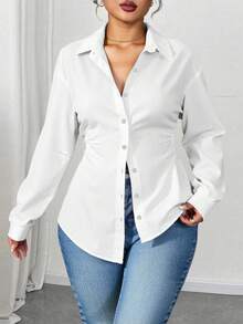 Elenzga 常规女式加大码休闲腰部收紧长袖宽松衬衫