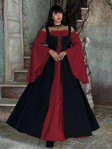 Lyrianda Plus Size Women Off Shoulder Long Sleeve Flare Sleeve Ruffle Elegant Vintage Cute Halloween Party Casual Holiday Colorblock Dress