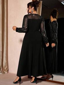 Cravure Váy Maxi Lưới Lấp Lánh Cỡ Lớn Cho Nữ, Chất Liệu Vải Dệt Kim Màu Đen, Tay Lửng, Đầm Maxi Dạ Hội Sang Trọng Dự Tiệc Club - màu đen - Xem 2